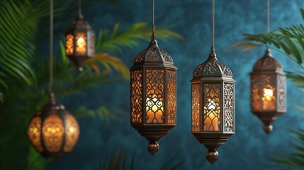 Obraz premium Elegant Ramadan lanterns casting warm shadows in a minimalist interior. A peaceful and spiritual ambiance perfect for Eid and Islamic home decor. Cozy lighting enhances the sacred atmosphere of the ho