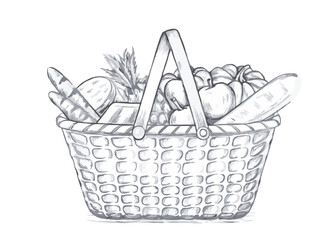 Obraz premium Hand-drawn sketch illustration of a shopping basket full of fresh vegetables and fruits. Perfect for food-related designs, packaging, prints, and digital projects. High-quality vector art.