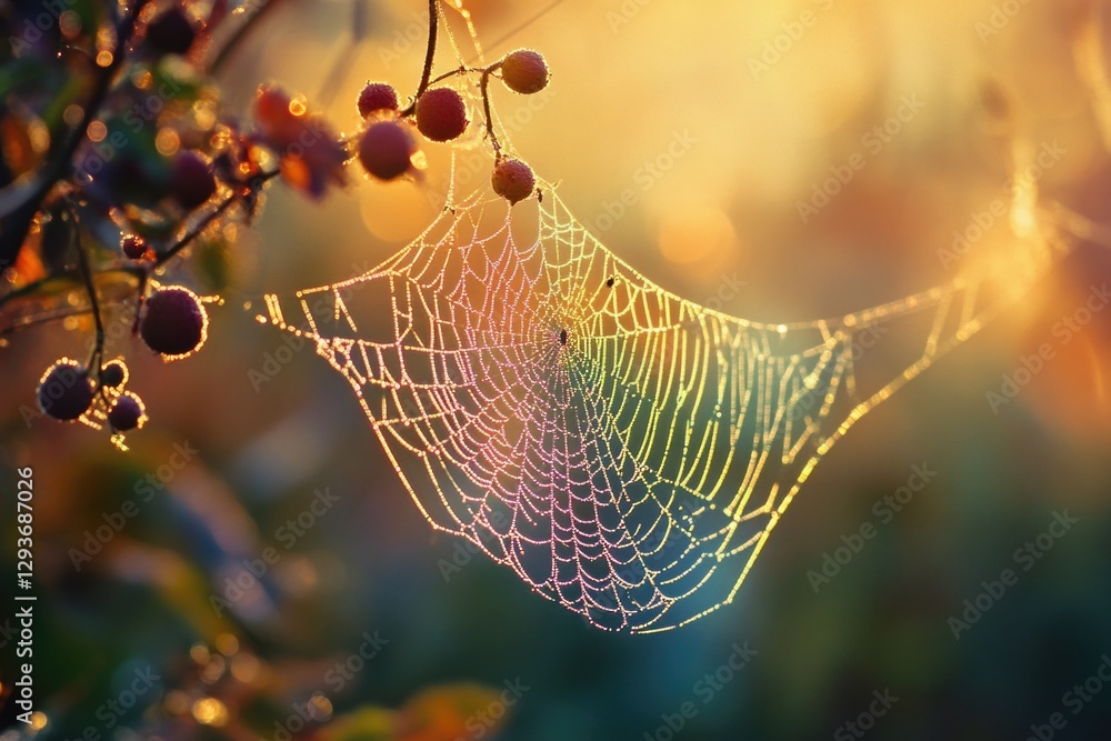 Poster a spider's web hangs from a tree branch surrounded by ripe berries
