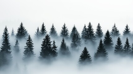 Fototapeta premium A serene forest scene shrouded in mist, featuring evergreen trees standing tall amidst a soft, ethereal atmosphere.