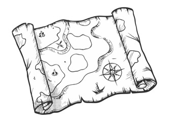 Hand-drawn old map sketch illustration with fine lines and intricate details. Vintage-style etching, perfect for prints, decor, and adventure-themed designs.