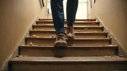 Ascending the Journey: A person descends a worn wooden staircase, suggesting transition, exploration, and a sense of adventure or reflection, Generative Ai