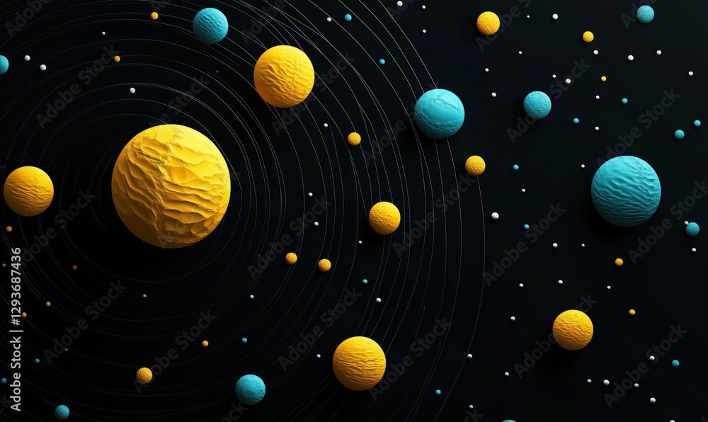 Poster colorful 3d representation of planets in space with textured surfaces and orbital paths