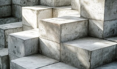 Interlocking concrete cubes create geometric staircase forms.