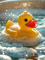 A bright yellow rubber duck floats serenely among bubbles