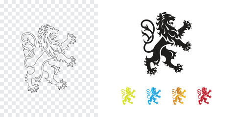 Heraldic lion icon in black outline and colorful variations for design use