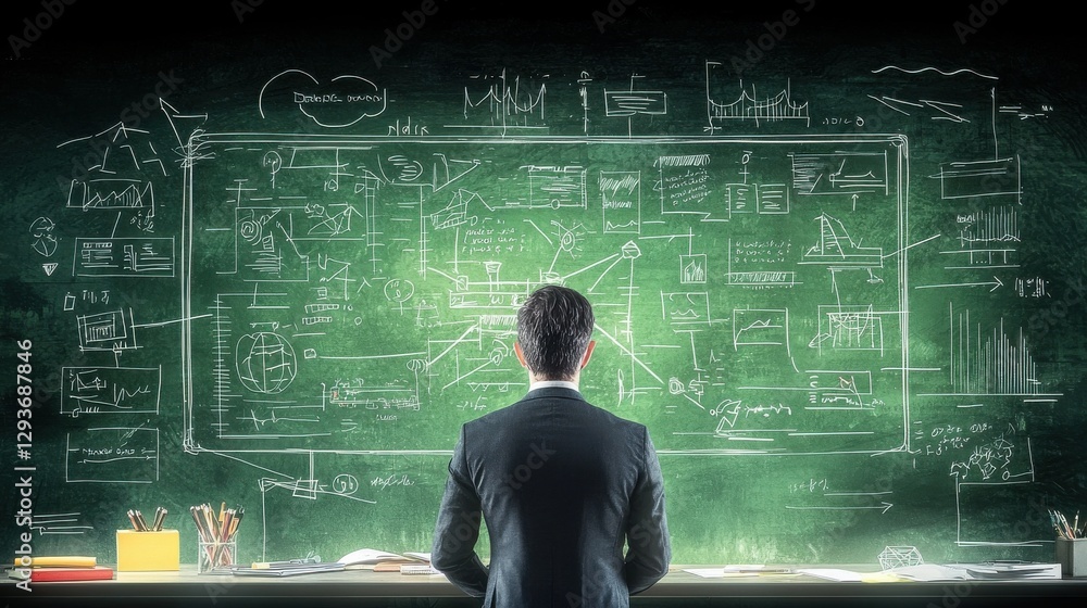 Poster chalkboard with sketched diagrams formulas and other visuals in a classroom or office setting repres