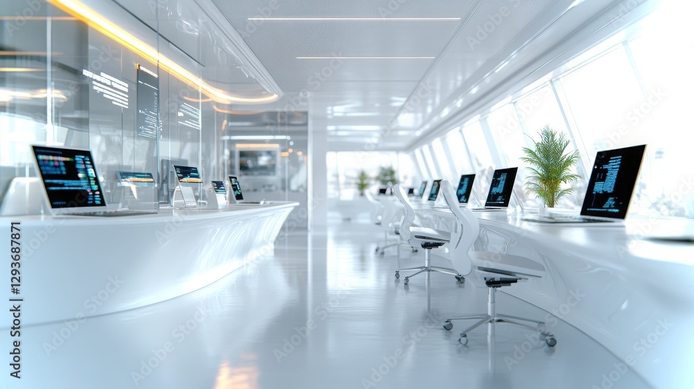 Poster modern workspace with sleek design and advanced technology showc