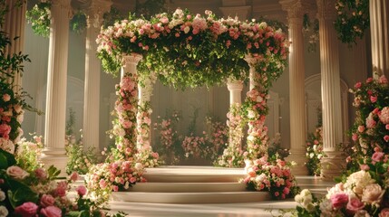 Exquisite Floral Arch in Elegant Wedding Venue with Soft Lighting