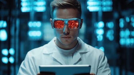 Modern doctor portrait with a digital tablet, futuristic healthcare professional, smart technology background