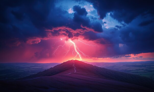 Dramatic lightning strike over vibrant sunset landscape with rolling hills