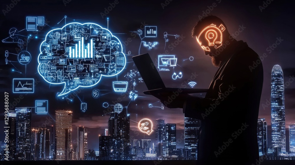 Poster futuristic digital brain and intelligence analytics technology visualization for corporate business 