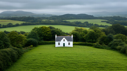 Fototapeta premium Isolated white cottage with a dark roof sits on a verdant lawn surrounded by trees and rolling green hills under a cloudy sky. Peaceful rural scene.