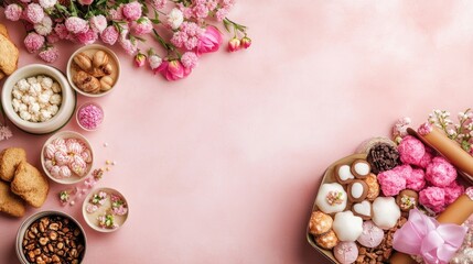 Assorted Sweets and Flowers on Pink Background for Celebration