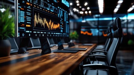 Modern financial report presentation with interactive data elements, high-tech corporate briefing room