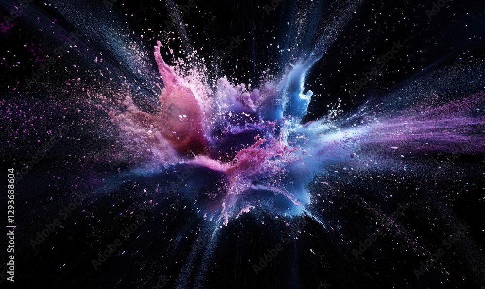 Poster colorful abstract explosion of paint particles in space with dynamic motion effects