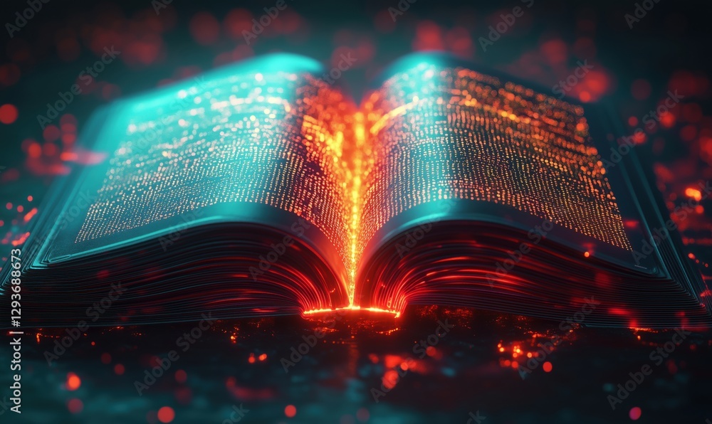 Poster glowing open book with digital data streams and vibrant particles in dark background