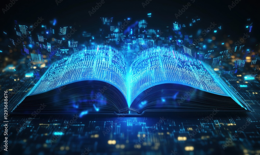Poster digital transformation of knowledge represented by glowing open book with data streams