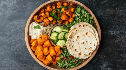 This vibrant mixed carbohydrate platter showcases a delectable assortment of healthy carb options  including roasted sweet potatoes  fluffy quinoa  and nutritious tortillas
