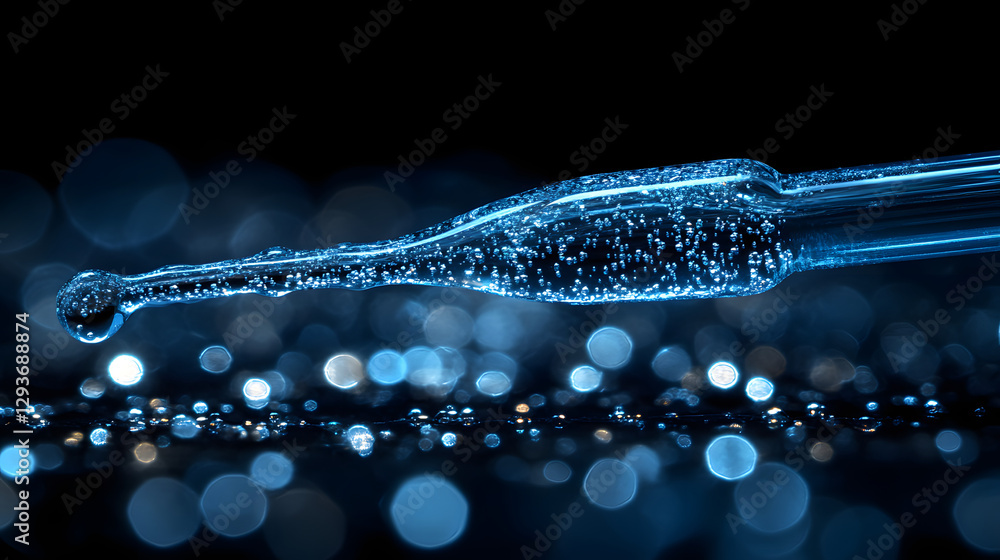 Poster science of precision: a close-up shot reveals a pipette filled with a luminescent liquid, creating a