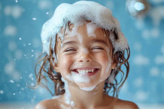 Joyful child enjoying a bubbly shower experience in a bright bathroom