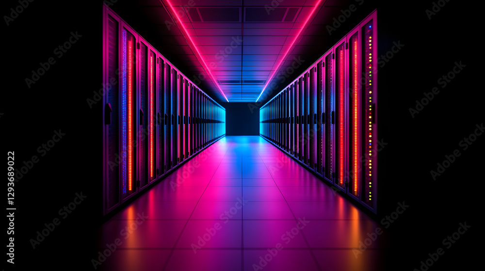Poster neon-lit data center: a vibrant corridor within a server room, illuminated by dynamic neon lights an