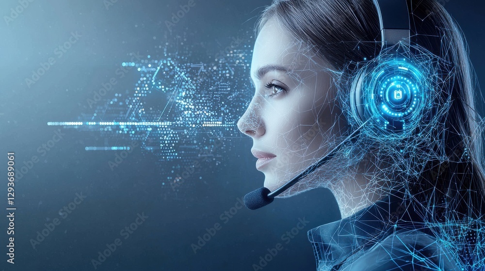 Poster portrait of a futuristic female cyborg analyzing and interacting with a holographic digital interfac