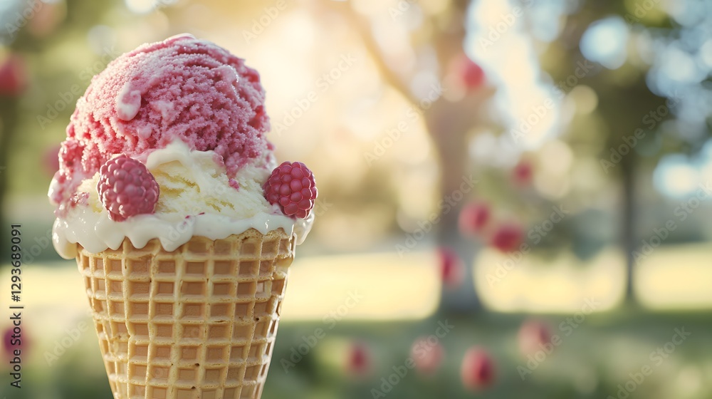 Poster raspberry ice cream cone with fresh raspberries on top