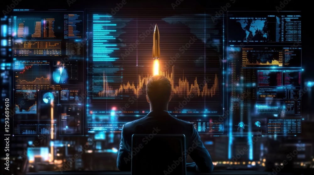 Poster futuristic digital dashboard with real time data analytics financial information and a dramatic rock