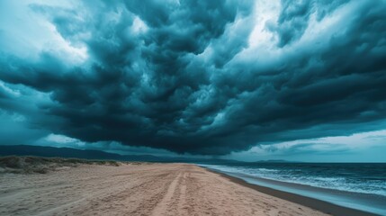 A dramatic beach scene featuring dark, ominous clouds looming over tranquil waves and sandy shores, hinting at an approaching storm.