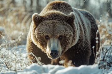 Obraz premium A large brown bear walks through a snow-covered forest, looking for food
