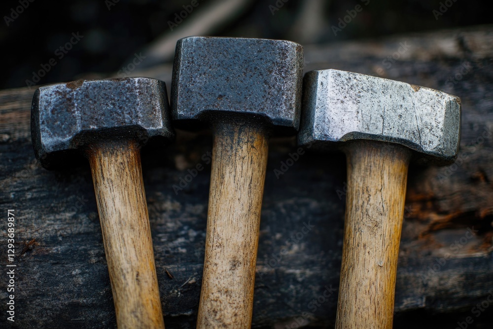 Aufkleber a pair of hammers placed on a wooden surface, ready for use