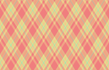 Vibrant coral and pale yellow diagonal plaid pattern. Perfect for textile design, website backgrounds, or fashion projects.  This cheerful, seamless texture evokes feelings of warmth and optimism.