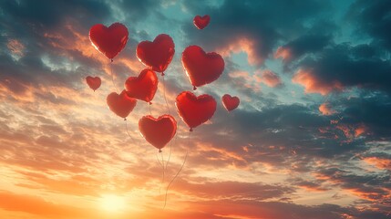 Fototapeta premium Heart-shaped balloons floating into the sunset, whimsical love scene 