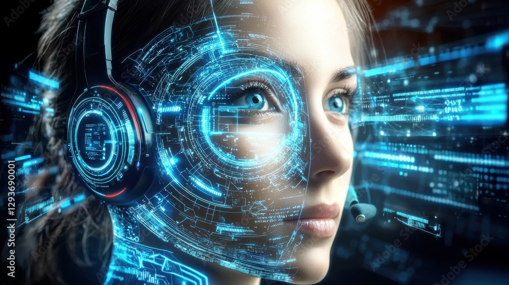 Poster futuristic digital portrait of a mysterious cybernetic woman with a holographic interface showcasing