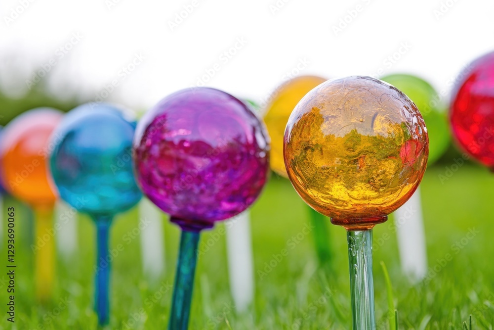 Poster a collection of vibrant glass orbs sit atop a verdant meadow, perfect for adding visual interest to 