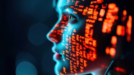 Natural language processing (NLP) AI, glowing text and language patterns being analyzed by futuristic AI