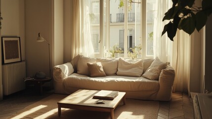 A warm living room with a sofa and coffee table, radiating comfort and relaxation.
