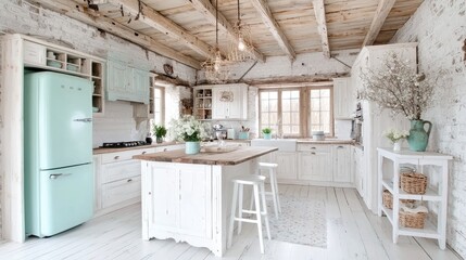 Rustic farmhouse kitchen design; island, wood beams, shabby chic decor; home interior design inspiration