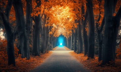 Fototapeta premium Enchanting autumn pathway lined with vibrant orange foliage leading to a glowing archway