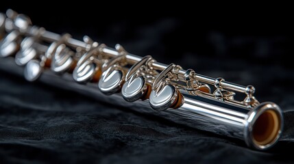 Silver flute rests on dark fabric, close-up studio shot