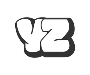 YZ logo, bubble comic lettering, rounded in graffiti style black and white silhouette. Trendy preschool Y and Z letter text for festival party, personal initials, children funky print and web.