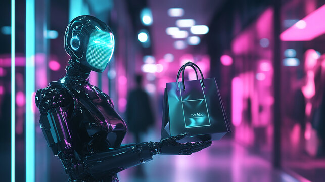 A futuristic robot with a digital face holding a shopping bag in a neon-lit mall, representing AI-driven retail, automation, and futuristic shopping experiences