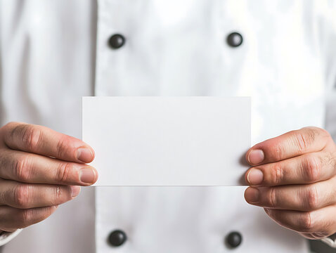 Chef holding blank card. Professional presenting information. Culinary expert displaying details on a clean, white card, ready for a personal message. - Powered by Adobe