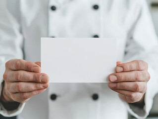 Chef holding a blank card. Cropped view of chef in white uniform holding an empty white card. Ideal for adding your own text or logo. Perfect for food related design.