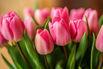 Naklejka premium A bouquet of pink tulips in a clear glass vase, ideal for wedding decorations or spring-inspired designs