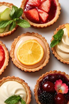 Colorful tarts filled with creamy textures and fresh fruits, gar