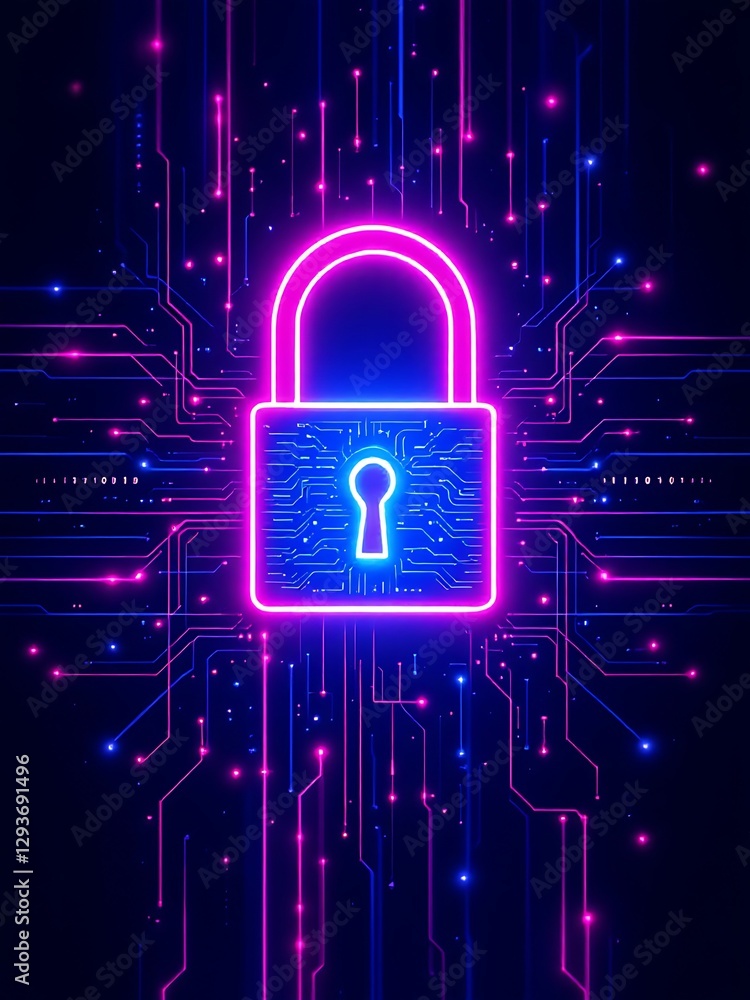 Poster digital fortress cybernetic lock security system with glowing neon circuit design for protection