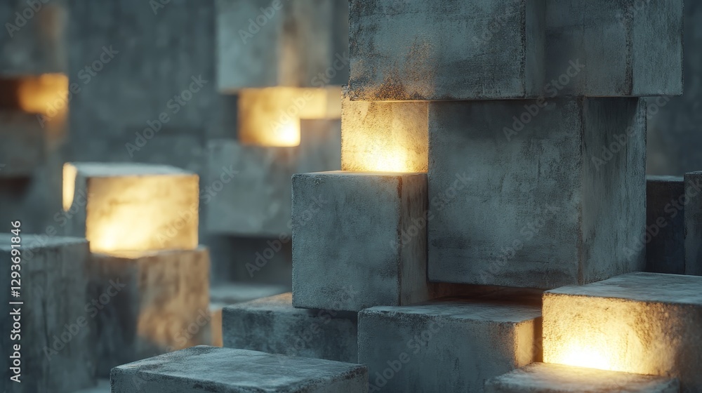 Poster glowing cubes stacked unevenly in grey ambient light.