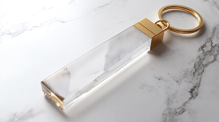 Close-up of a transparent crystal keychain with a gold ring, placed on a marble surface. This photo showcases elegance, luxury, and design aesthetics with its minimalist look.